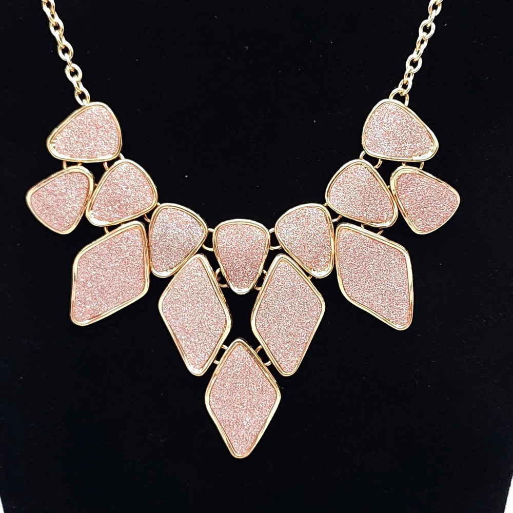 Gold Tone Pink Glitter Bib Statement Necklace Geometric Collar 18-20 Inch
